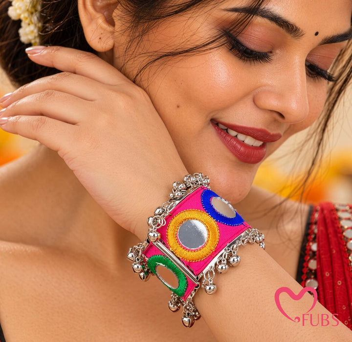 Mirror Motif Jingle Bell Cuff Bracelet