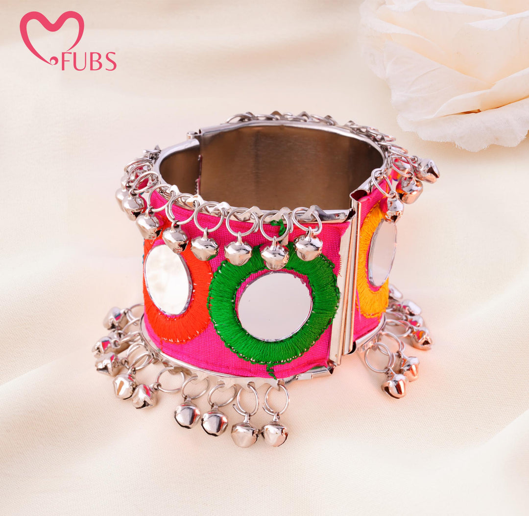 Mirror Motif Jingle Bell Cuff Bracelet