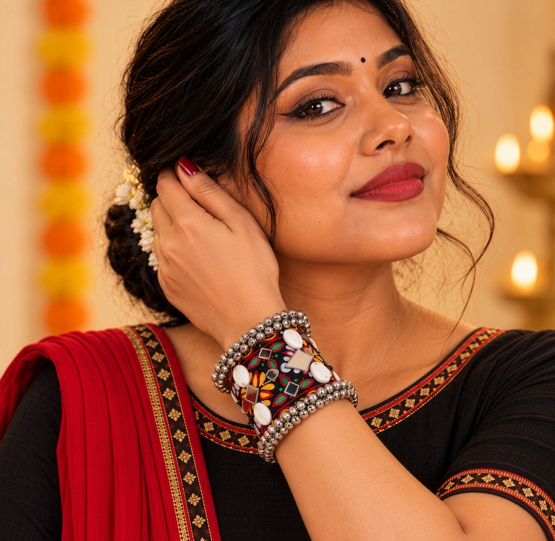 Floral Embroidered Mirror Stone Bell Cuff