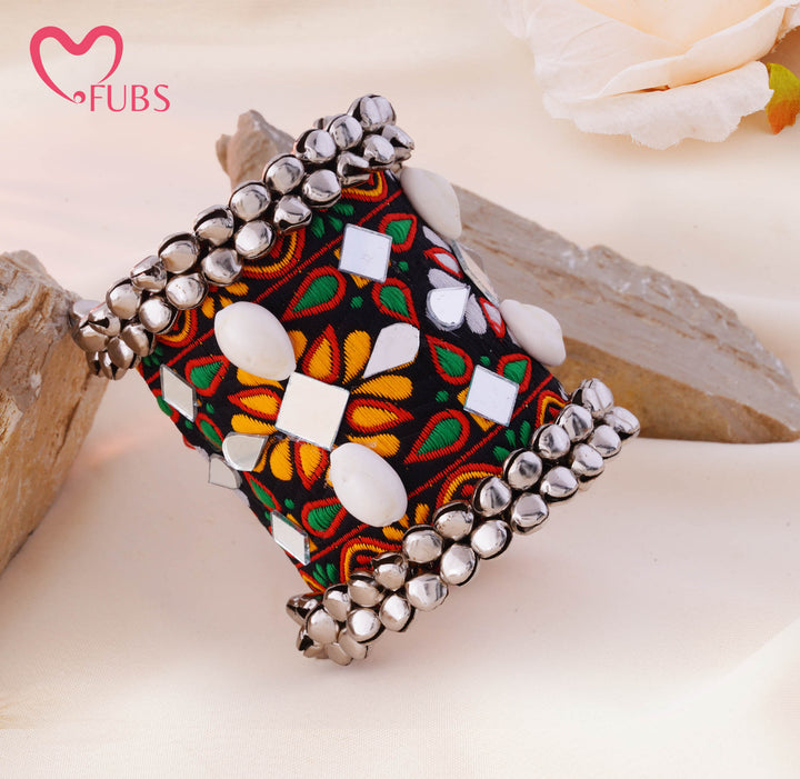 Floral Embroidered Mirror Stone Bell Cuff