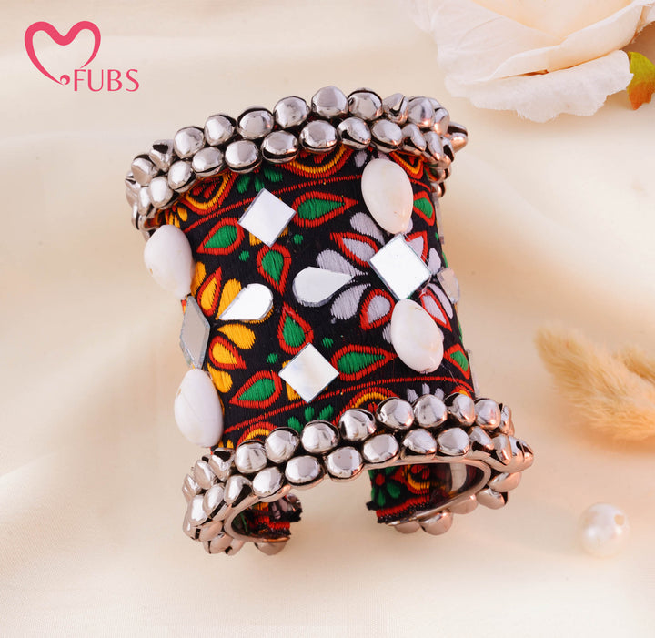 Floral Embroidered Mirror Stone Bell Cuff