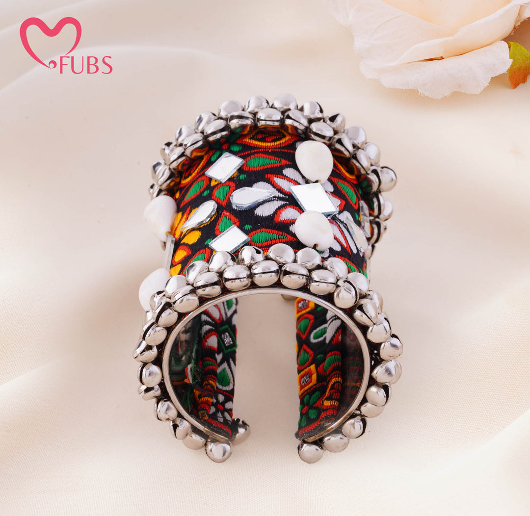 Floral Embroidered Mirror Stone Bell Cuff