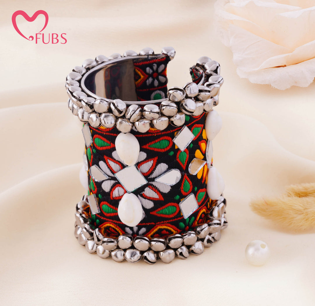 Floral Embroidered Mirror Stone Bell Cuff