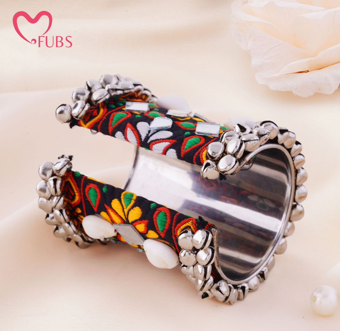 Floral Embroidered Mirror Stone Bell Cuff