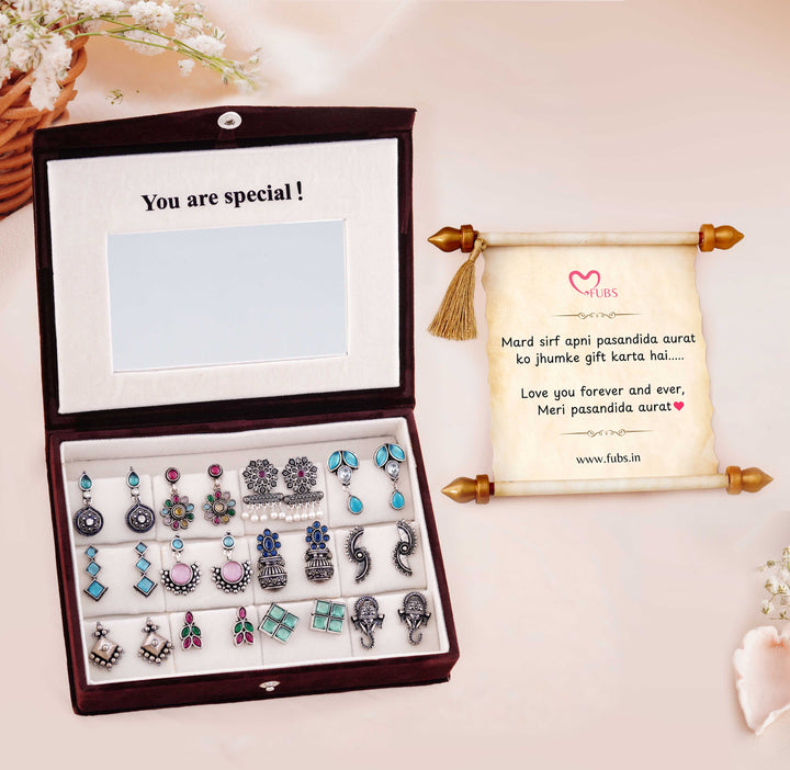 Blushing Mirror Box - 12 Oxidised Multicolor Earrings Set with Sandesh Patra