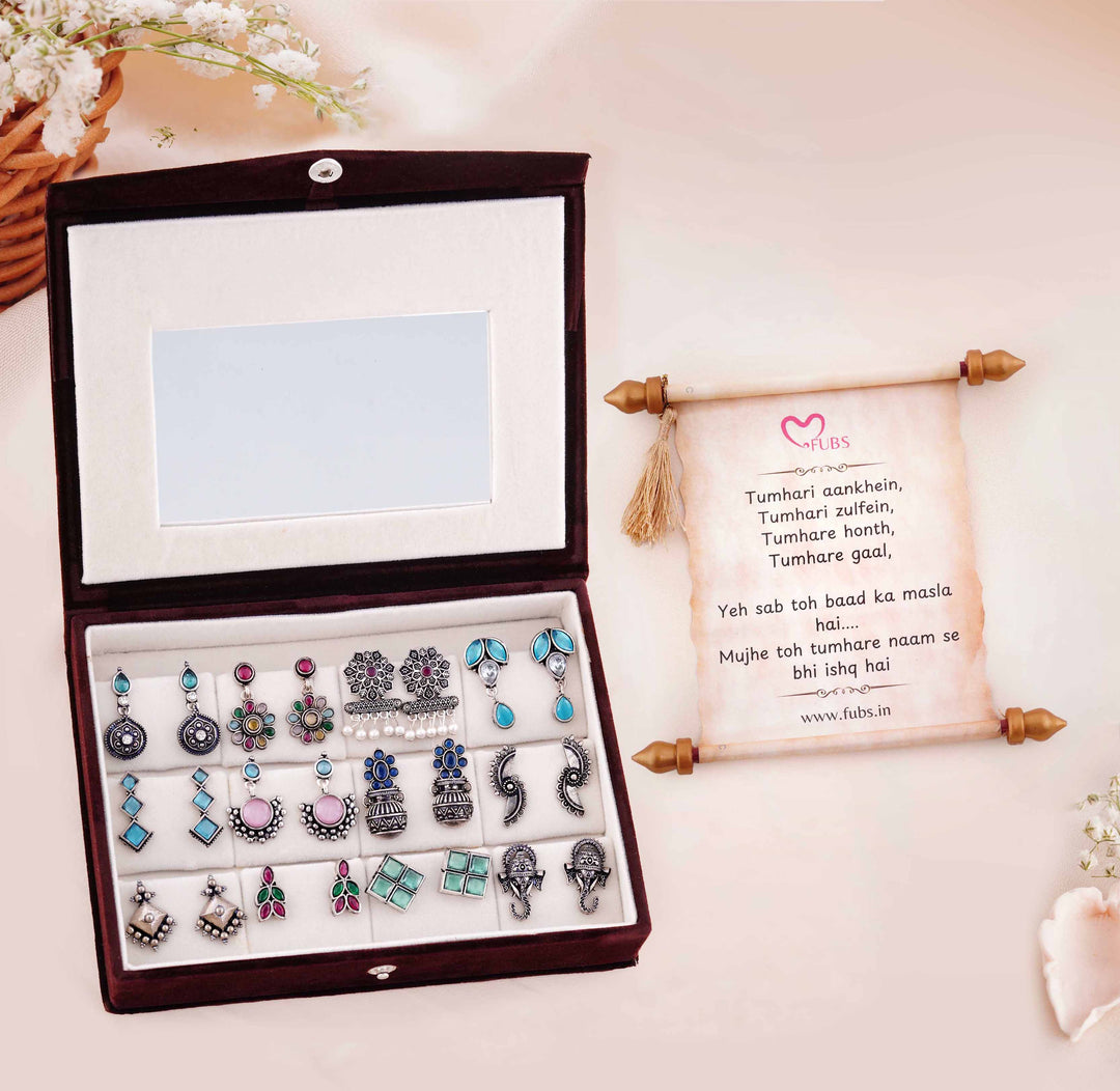 Blushing Mirror Box - 12 Oxidised Multicolor Earrings Set with Sandesh Patra