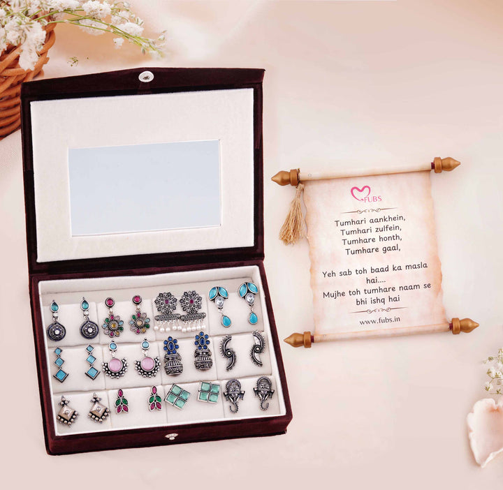 Blushing Mirror Box - 12 Oxidised Multicolor Earrings Set with Sandesh Patra