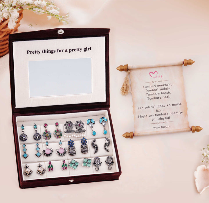 Blushing Mirror Box - 12 Oxidised Multicolor Earrings Set with Sandesh Patra