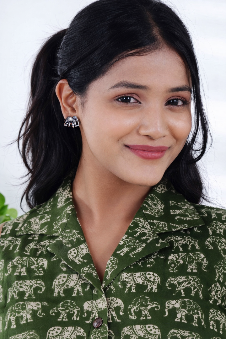 Mint Haathi Crop Shirt with Silver Haathi Studs