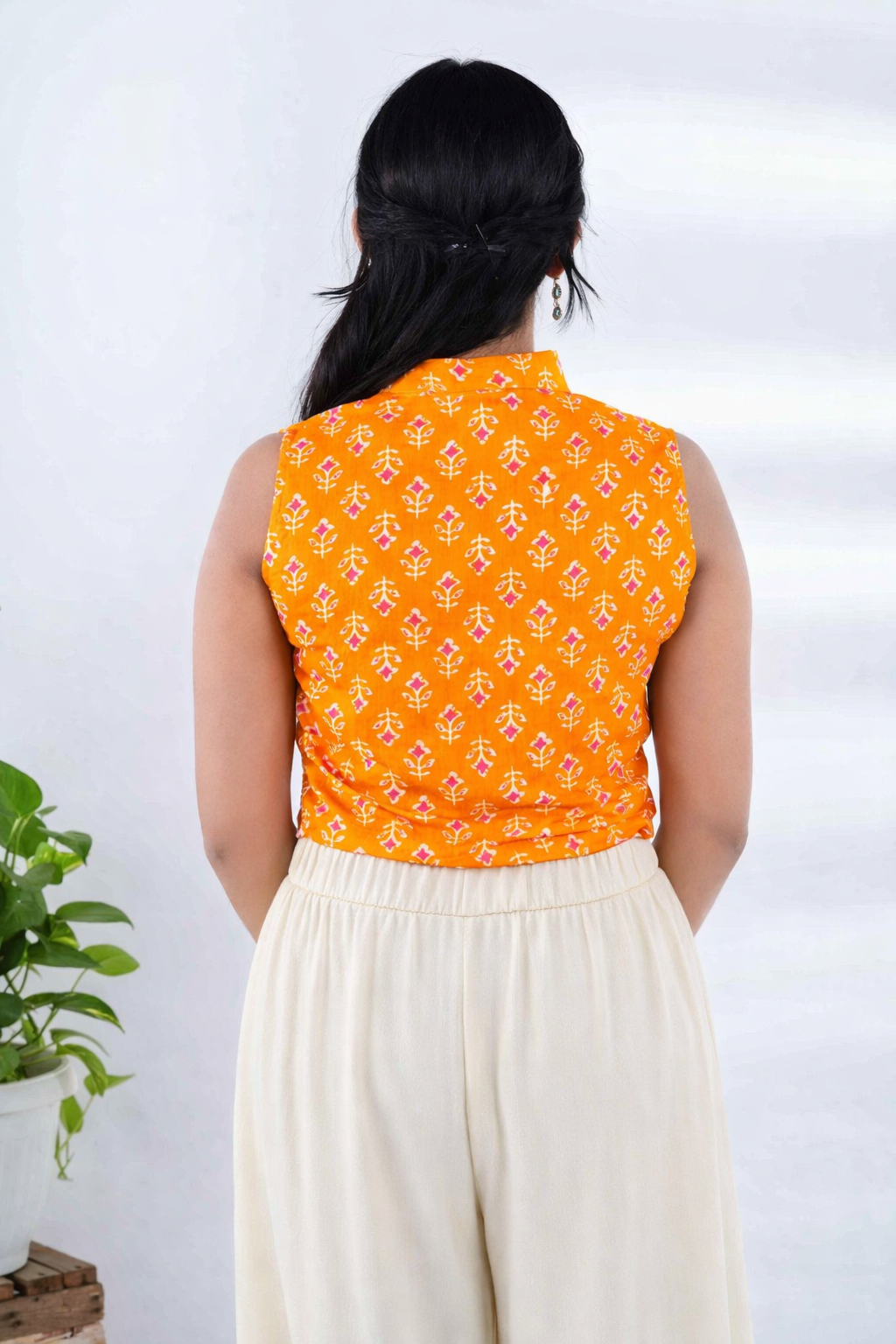 Floral Yellow Crop Shirt with Blue Drop Oxidised Jhumkas