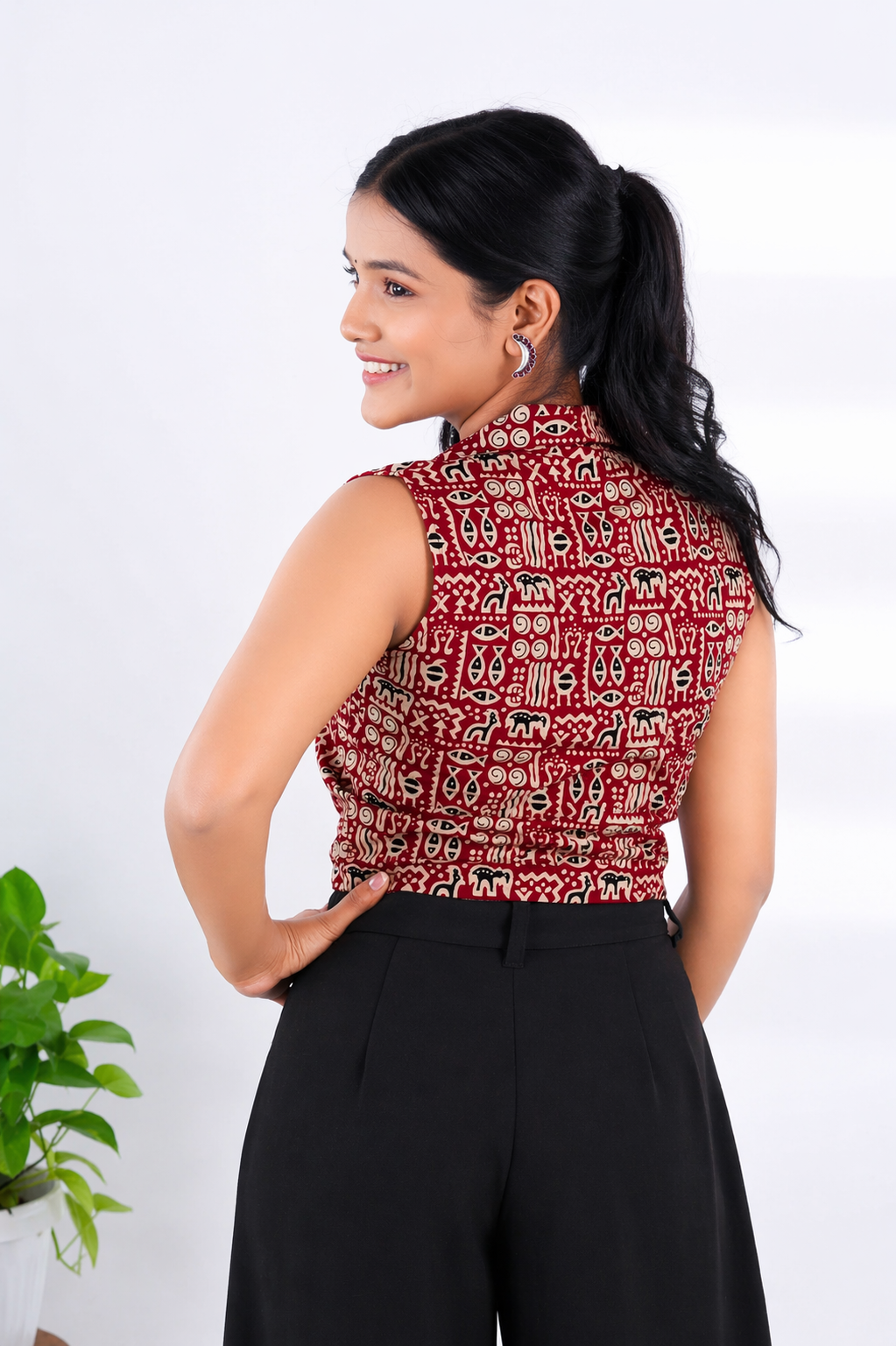 Retro Crop Shirt with Jaipuri Oxidised Studs