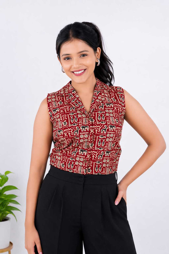 Retro Crop Shirt with Jaipuri Oxidised Studs