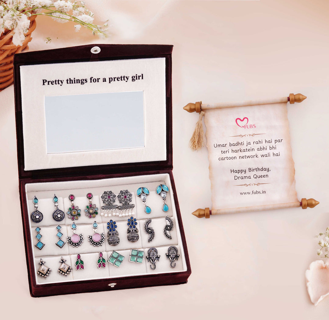 Blushing Mirror Box - 12 Oxidised Multicolor Earrings Set with Sandesh Patra