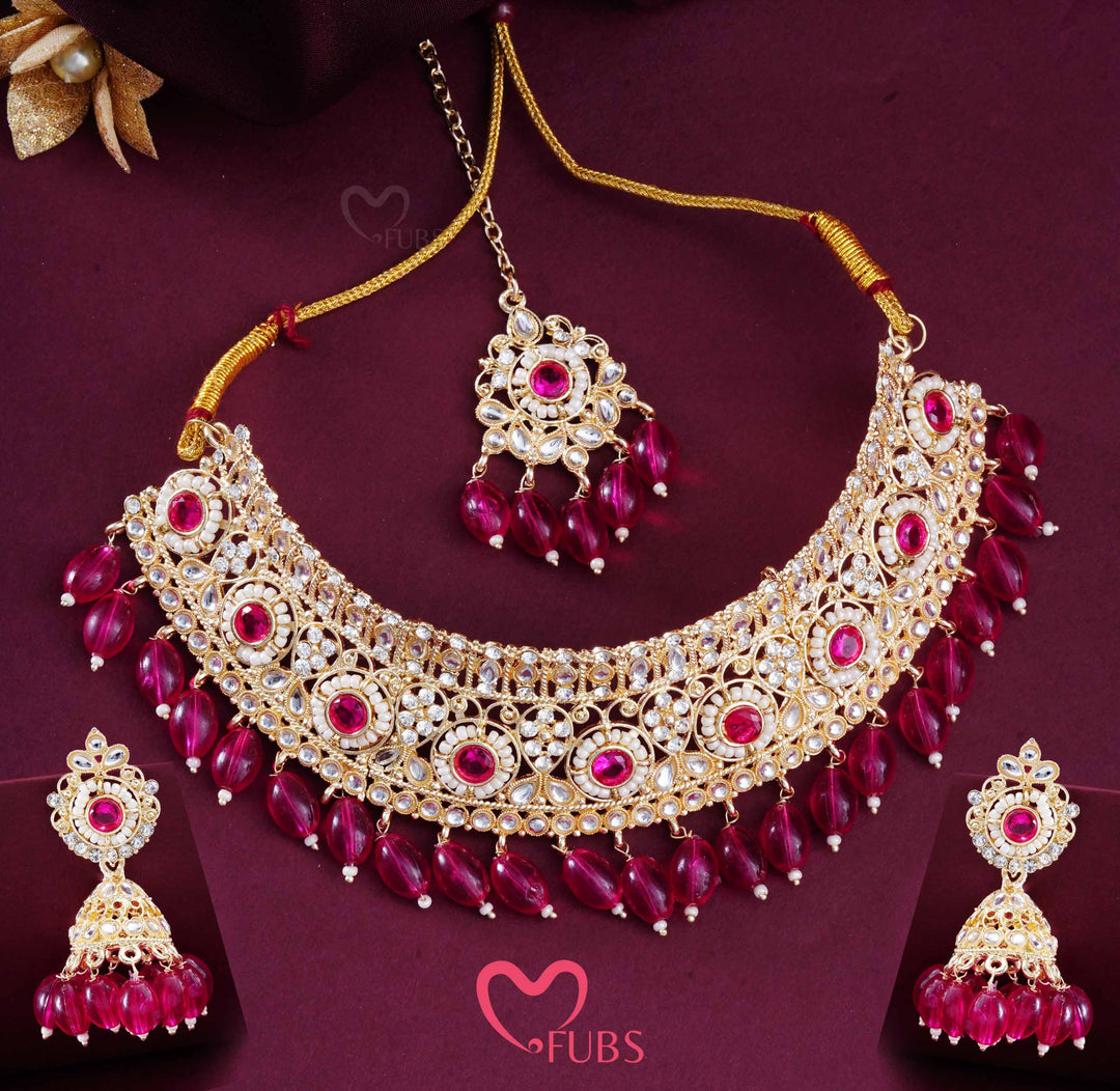 Gold Finish Kundan Choker, Jhumka & Maang Tikka Set