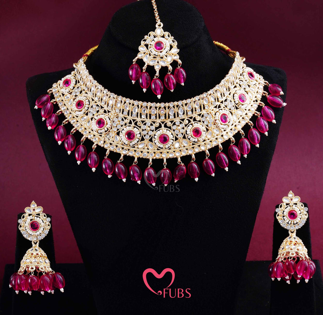 Gold Finish Kundan Choker, Jhumka & Maang Tikka Set