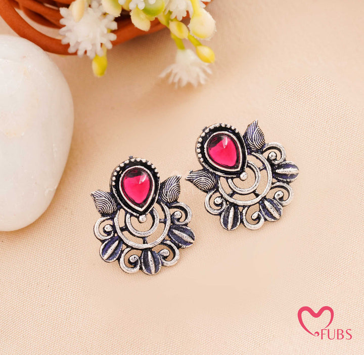 Aesthetic Oxidized German Stud Earrings with Magenta Stone