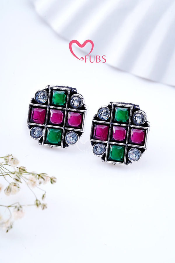 Maroon & Green Oxidized mini square stud earrings