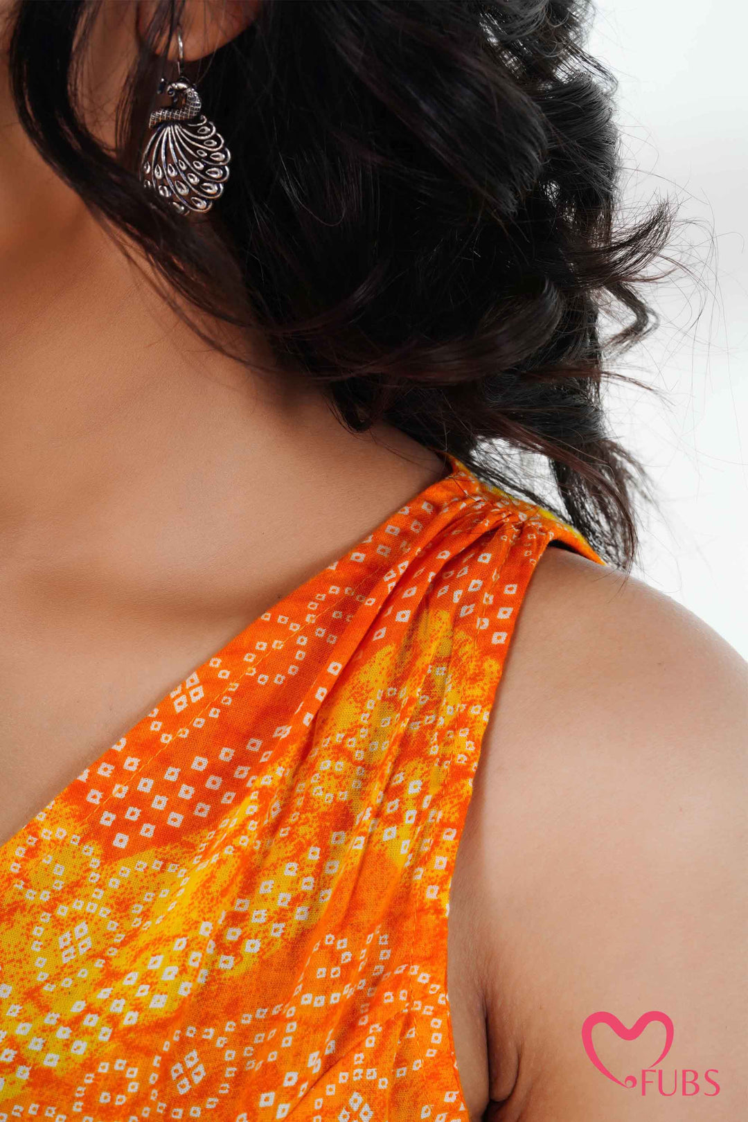 Yellow Bandhani Printed Short Kurti & Peacock Earrings Set