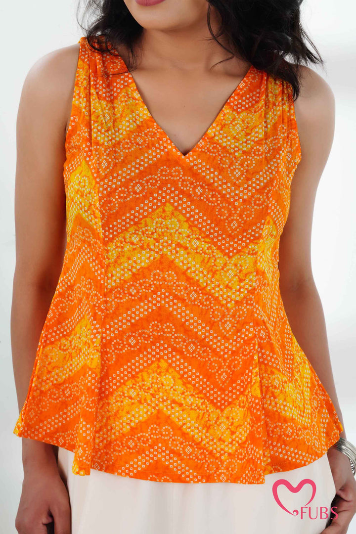 Yellow Bandhani Printed Short Kurti & Peacock Earrings Set