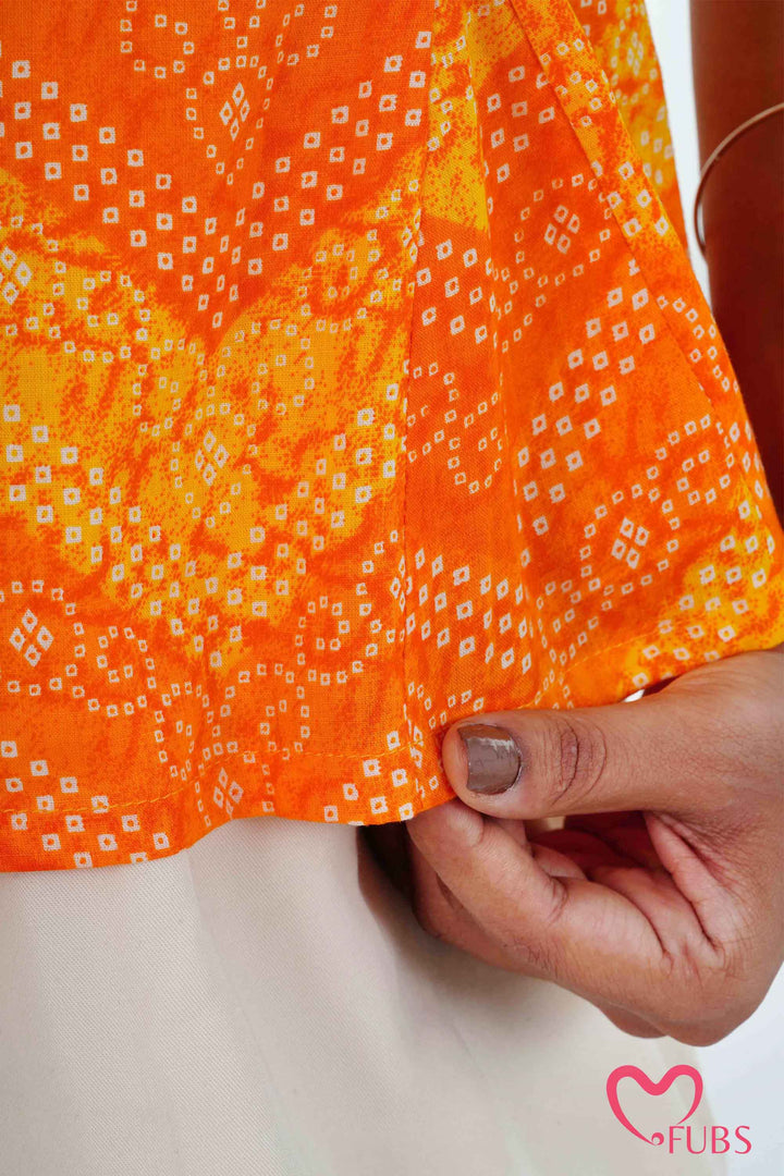 Yellow Bandhani Printed Short Kurti & Peacock Earrings Set