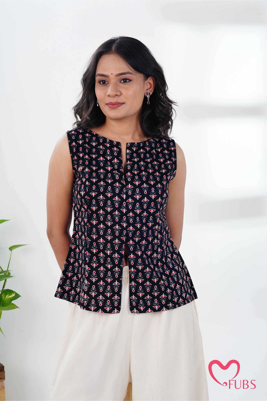Ethnic Block Print Short Kurti & Earring Combo Set