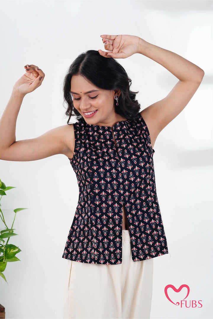 Ethnic Block Print Short Kurti & Earring Combo Set