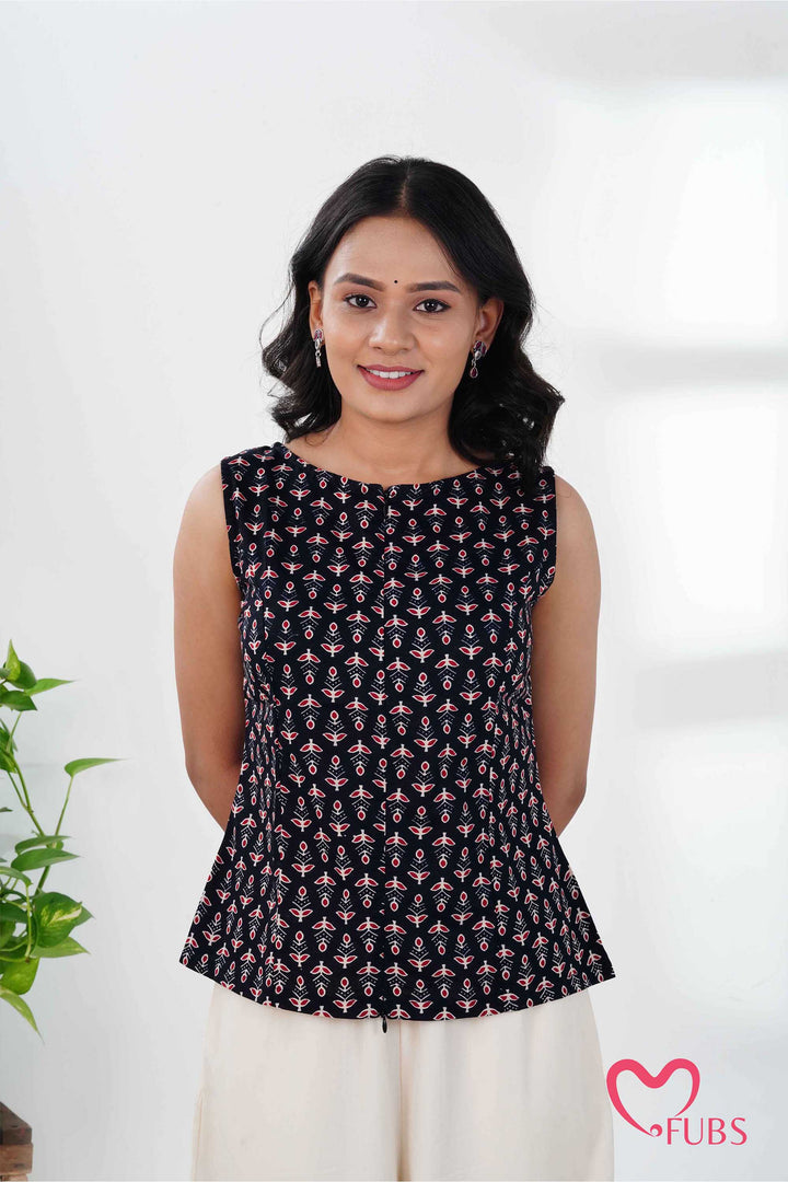 Ethnic Block Print Short Kurti & Earring Combo Set