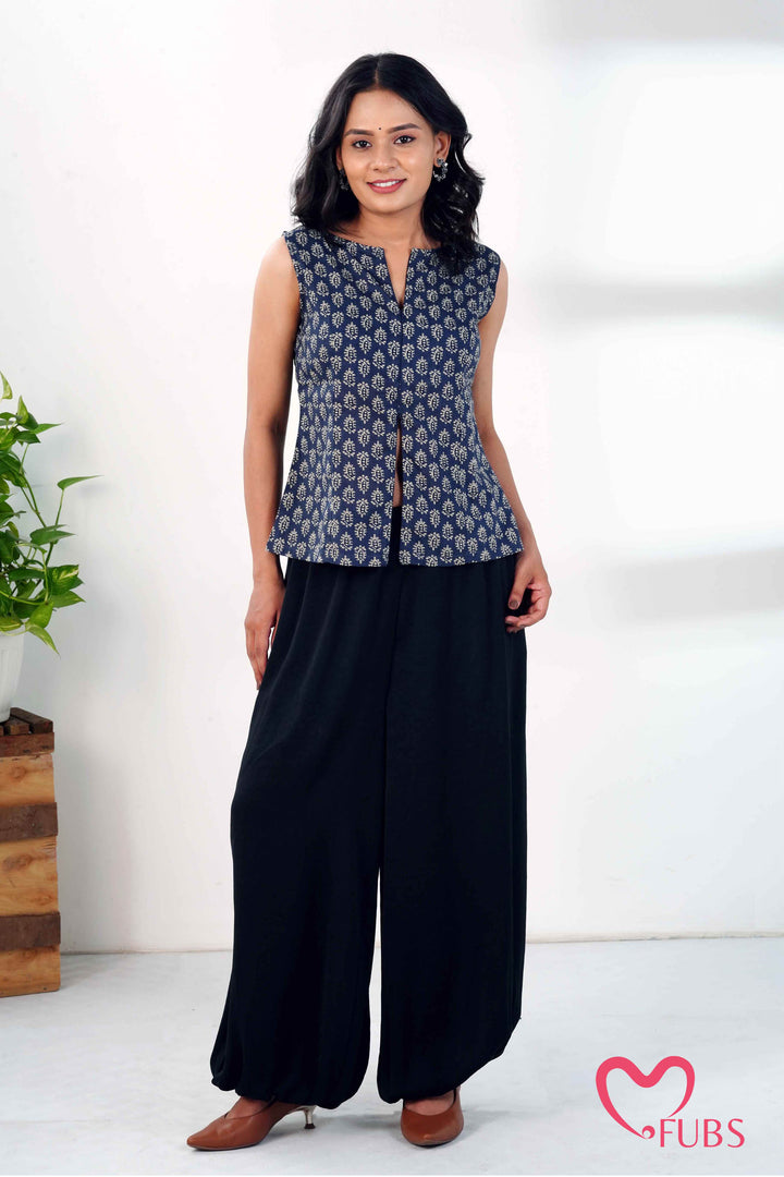 Indigo Block Print Short Kurti & Silver Ear Cuff Combo