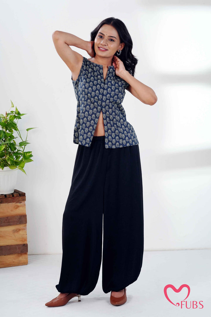 Indigo Block Print Short Kurti & Silver Ear Cuff Combo