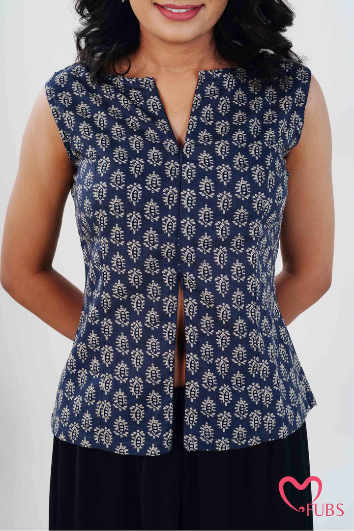 Indigo Block Print Short Kurti & Silver Ear Cuff Combo