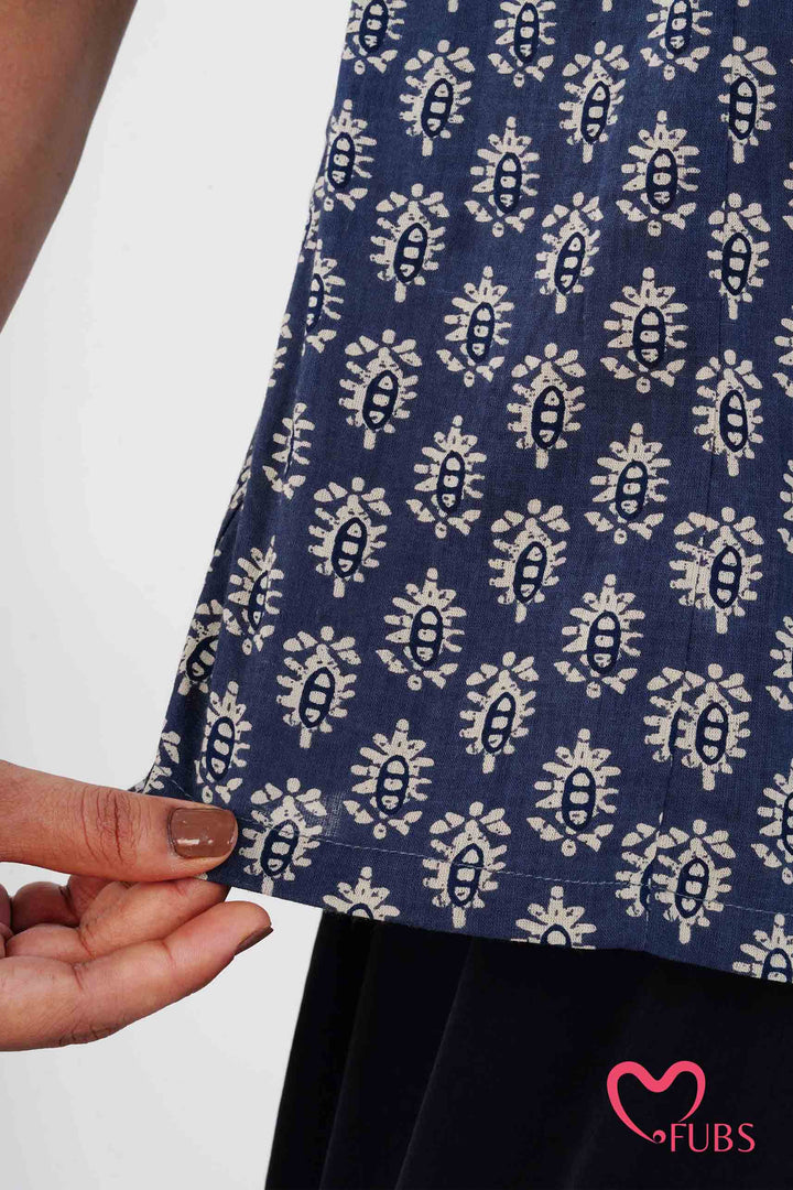 Indigo Block Print Short Kurti & Silver Ear Cuff Combo
