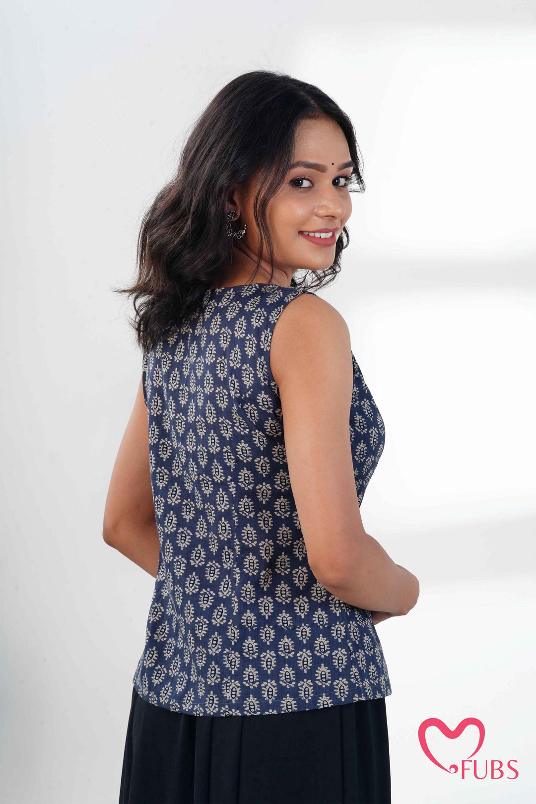 Indigo Block Print Short Kurti & Silver Ear Cuff Combo