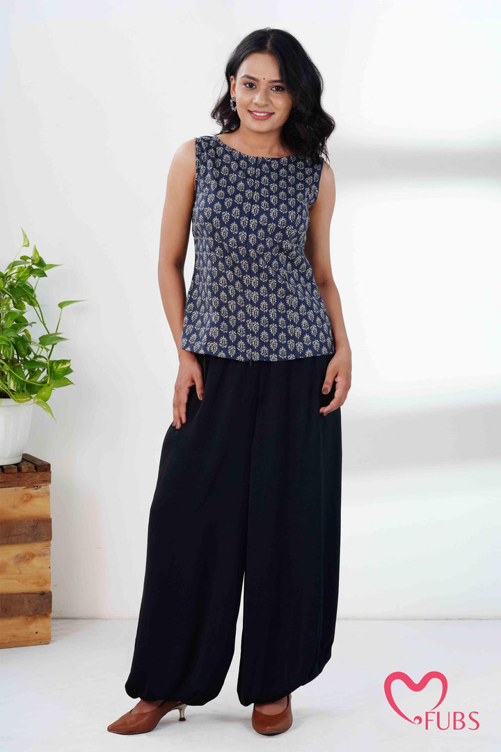 Indigo Block Print Short Kurti & Silver Ear Cuff Combo
