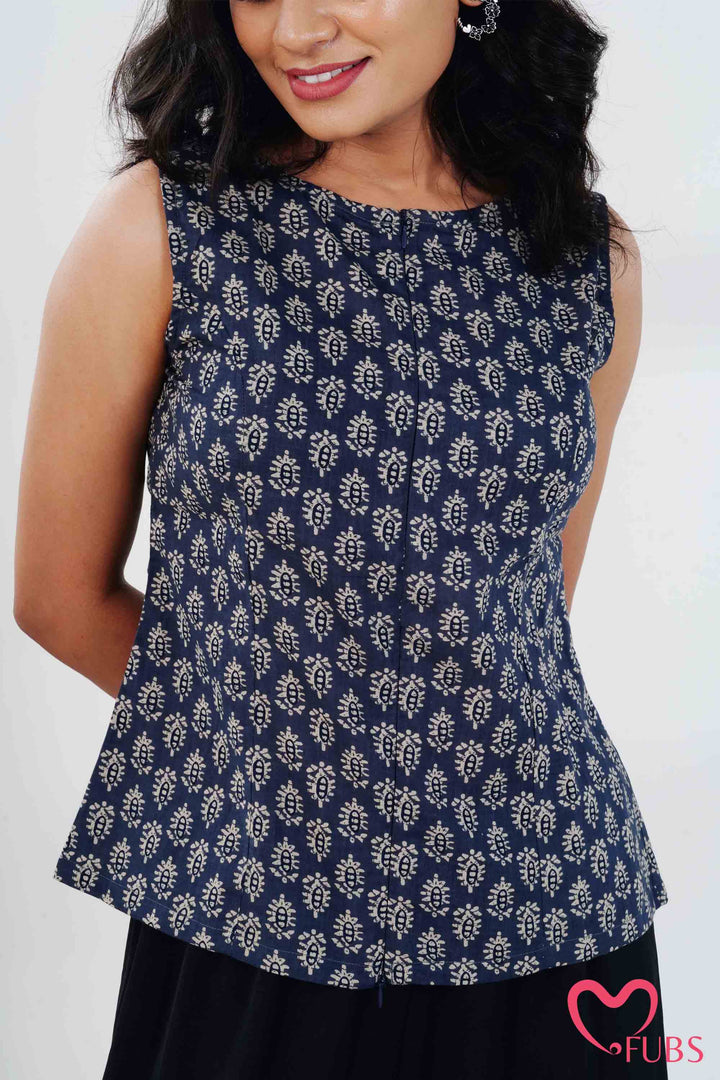 Indigo Block Print Short Kurti & Silver Ear Cuff Combo
