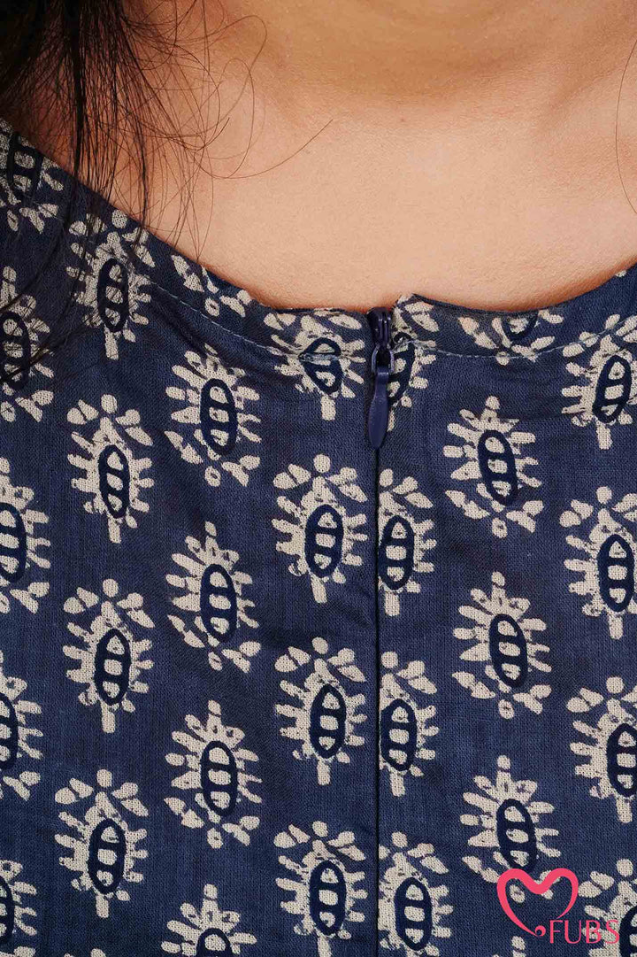 Indigo Block Print Short Kurti & Silver Ear Cuff Combo