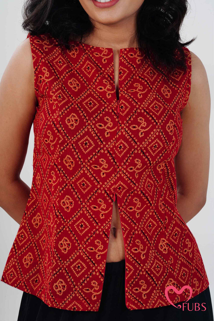 Orange Red Printed Peplum Kurti & Silver Drop Earrings