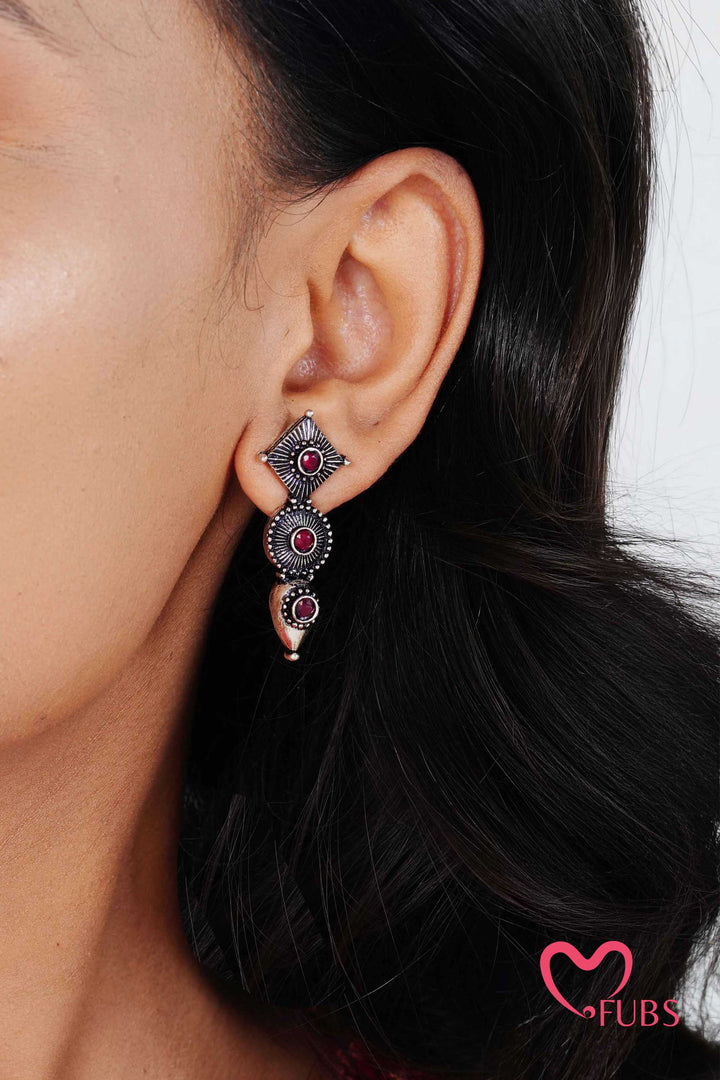 Orange Red Printed Peplum Kurti & Silver Drop Earrings