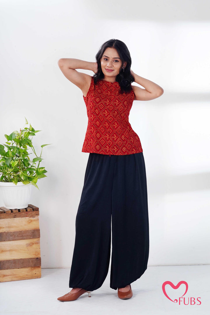 Orange Red Printed Peplum Kurti & Silver Drop Earrings