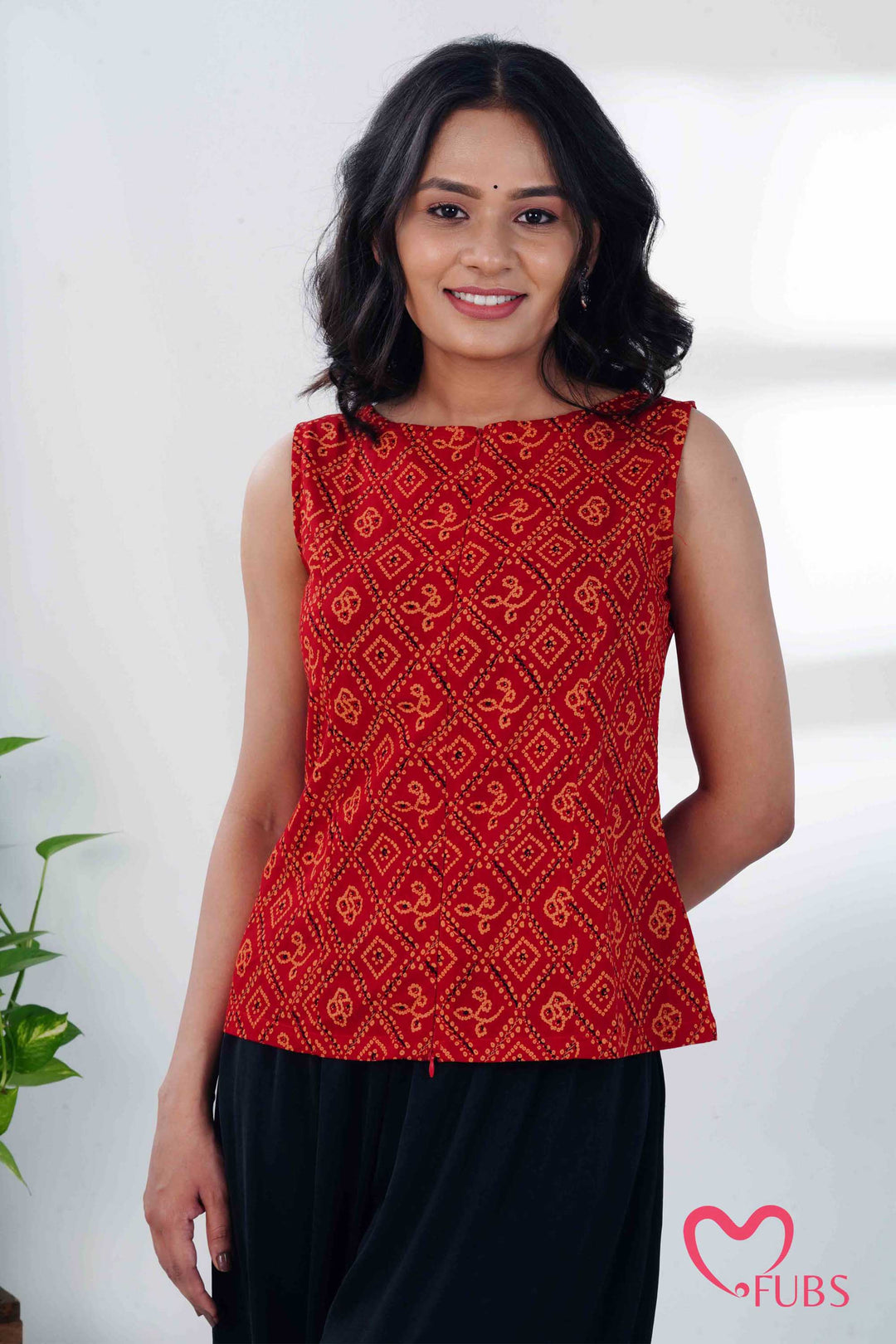 Orange Red Printed Peplum Kurti & Silver Drop Earrings