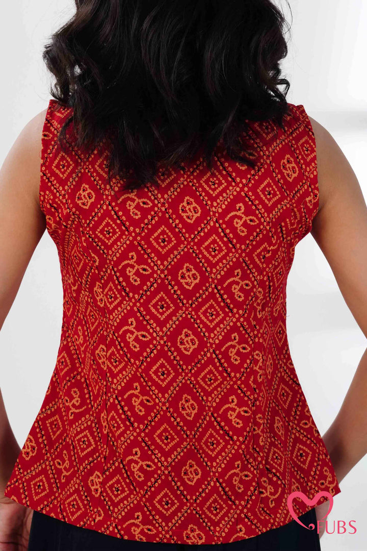 Orange Red Printed Peplum Kurti & Silver Drop Earrings