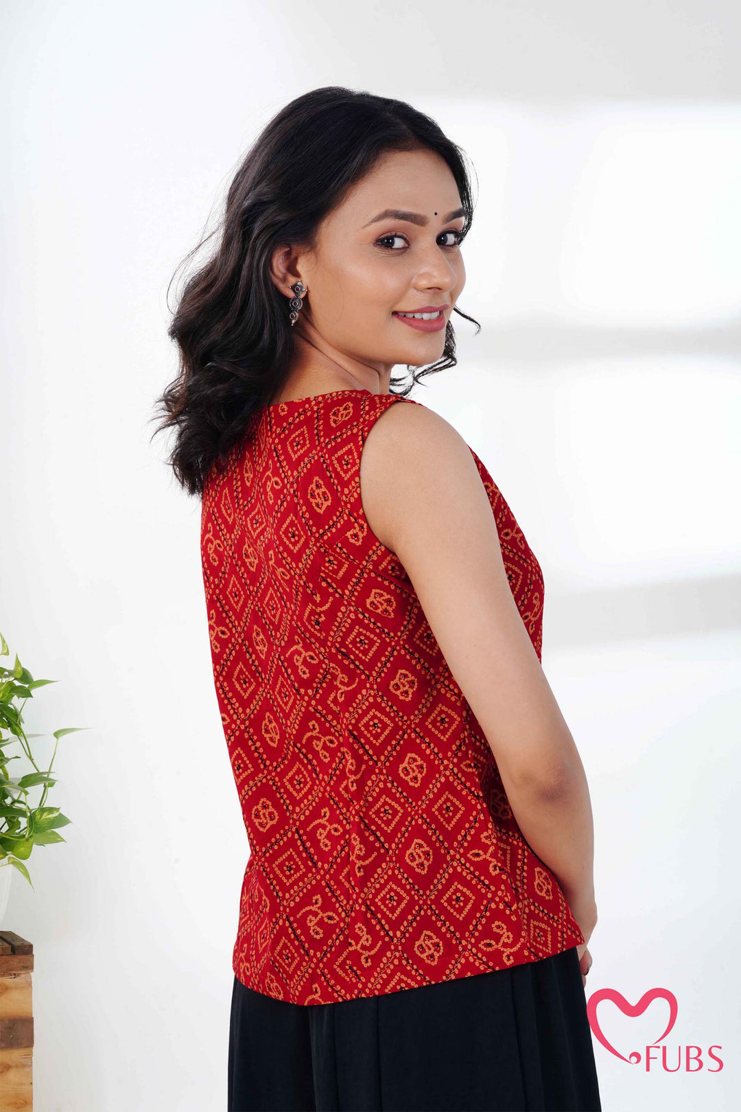 Orange Red Printed Peplum Kurti & Silver Drop Earrings
