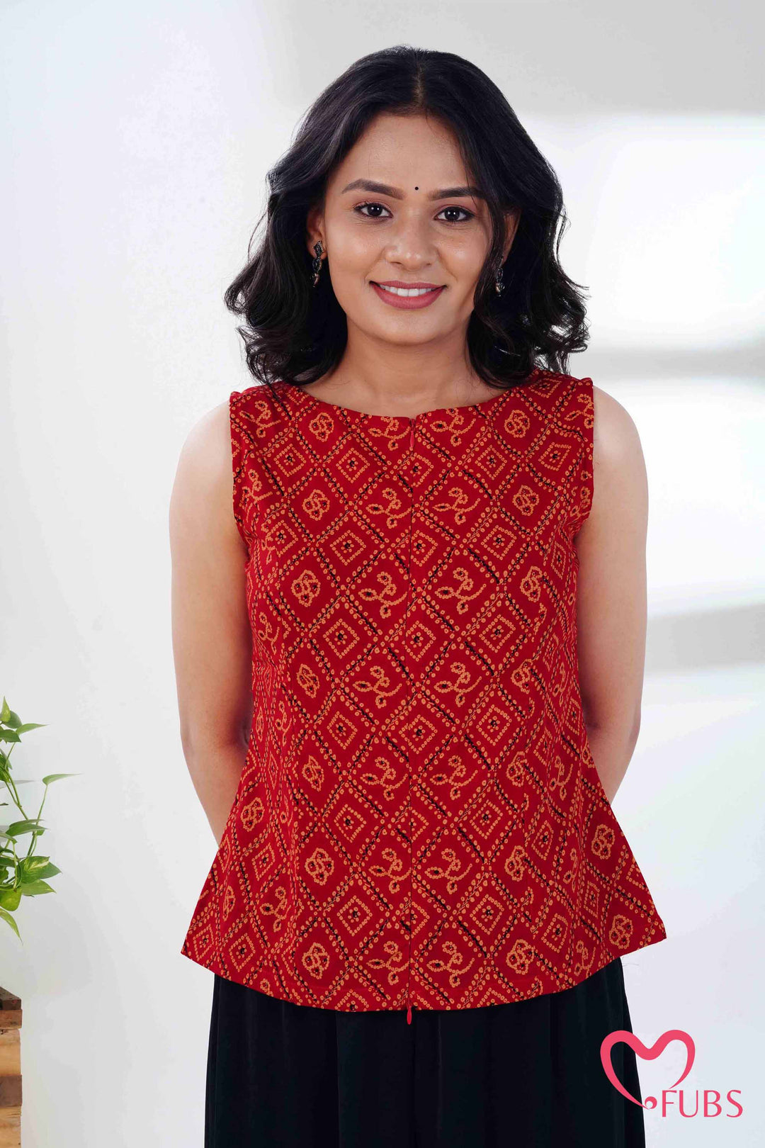 Orange Red Printed Peplum Kurti & Silver Drop Earrings