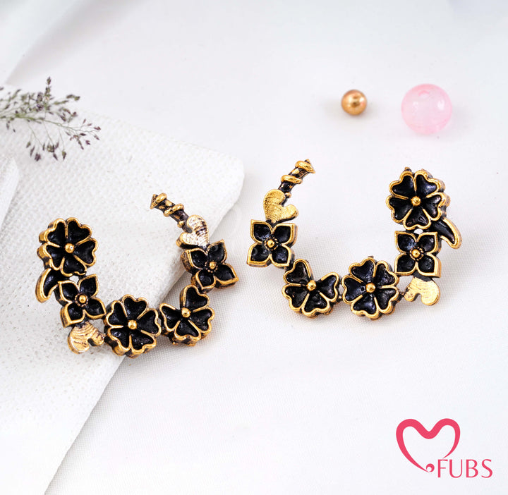 Traditional Antique Gold Flower Half-Hoop Earrings