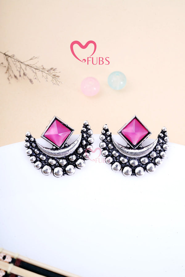 Pink Chandrama Oxidized Earrings