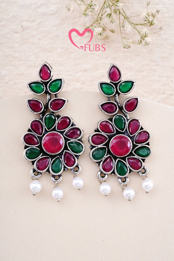 Maroon & Green Leafy Grace Dewdrop Dangles Earrings