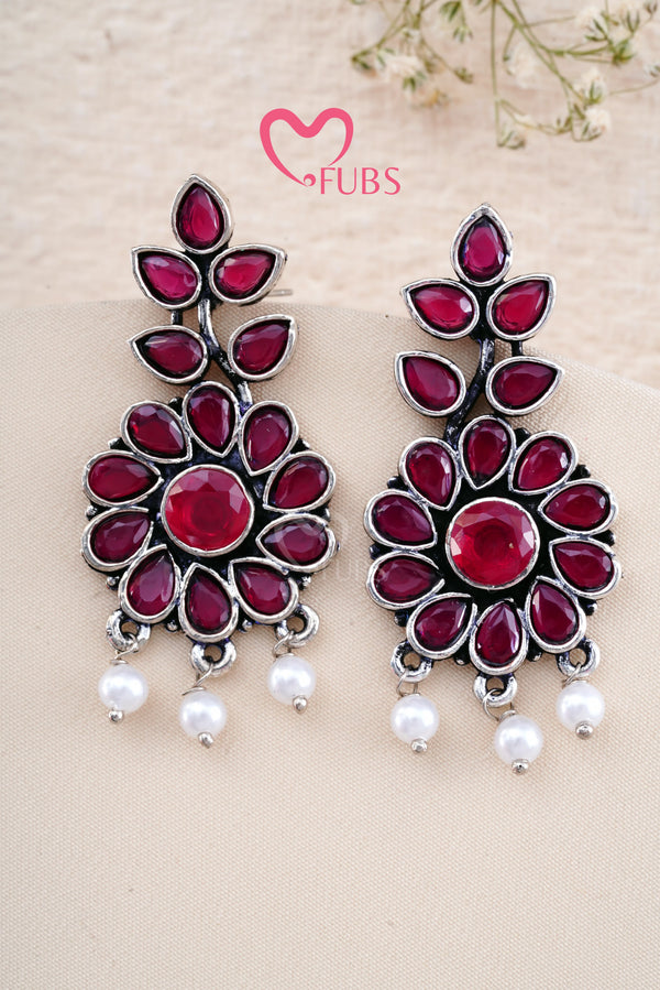 Maroon Leafy Grace Dewdrop Dangles Earrings