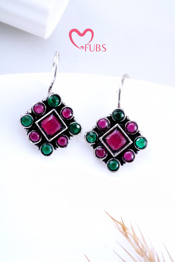 Maroon & Green Gleam Square Stone Studded Earrings