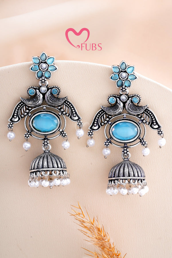 Light Blue Ethereal Kundan Feather Dancing Peacock