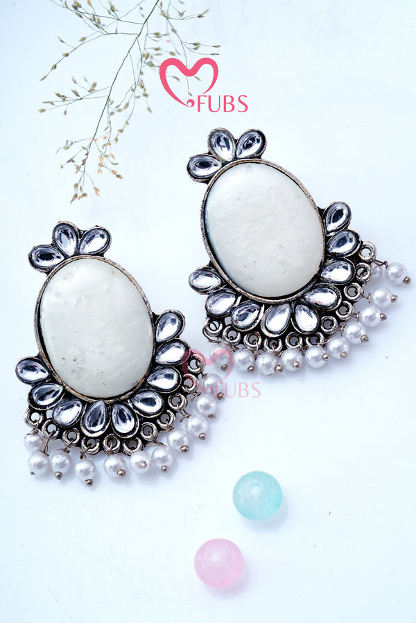 Silver Oxidized Oval Pearl Drop Earrings