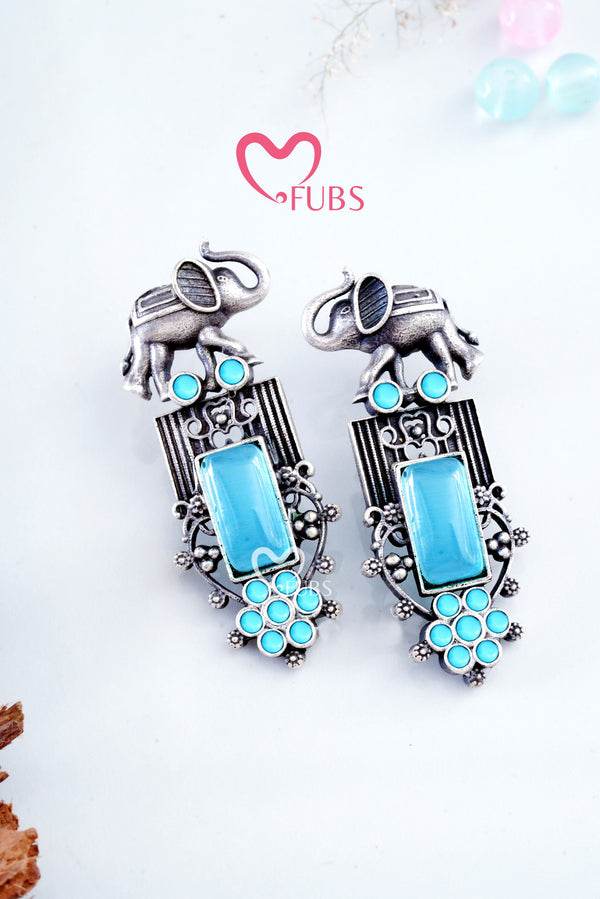 Light Blue Mystic Elephant Long Danglers Earrings